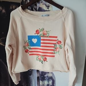 WILDFOX Women's Orange Granny's‎ Flag Monte Cropped Sweater Sweatshirt Size S